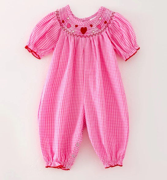 Pink Gingham Smocked Heart Romper