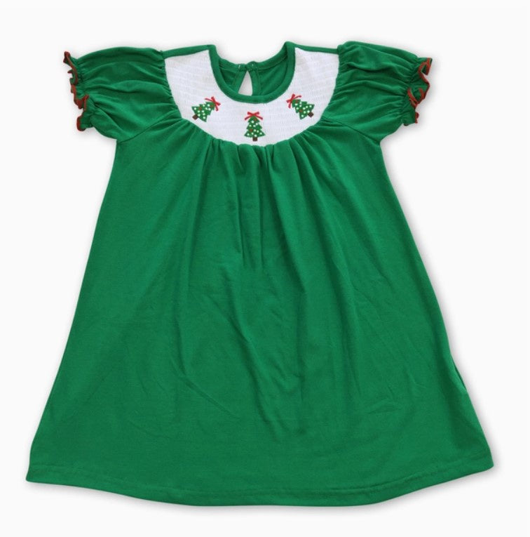 Green Christmas Tree SS Smocked Dress