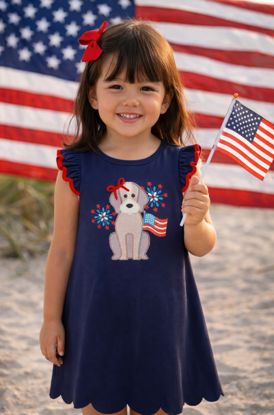 Navy Scallop Hem Patriotic Doodle Dress