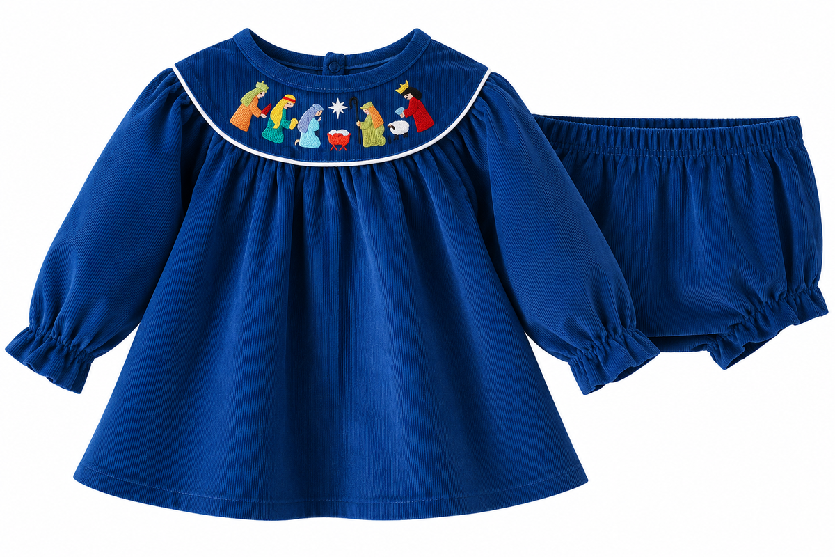 Navy Corduroy Nativity Dress & Bloomer Set