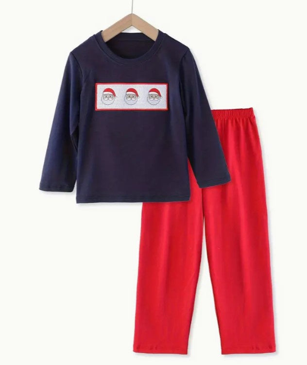 Navy Smocked Santa Set