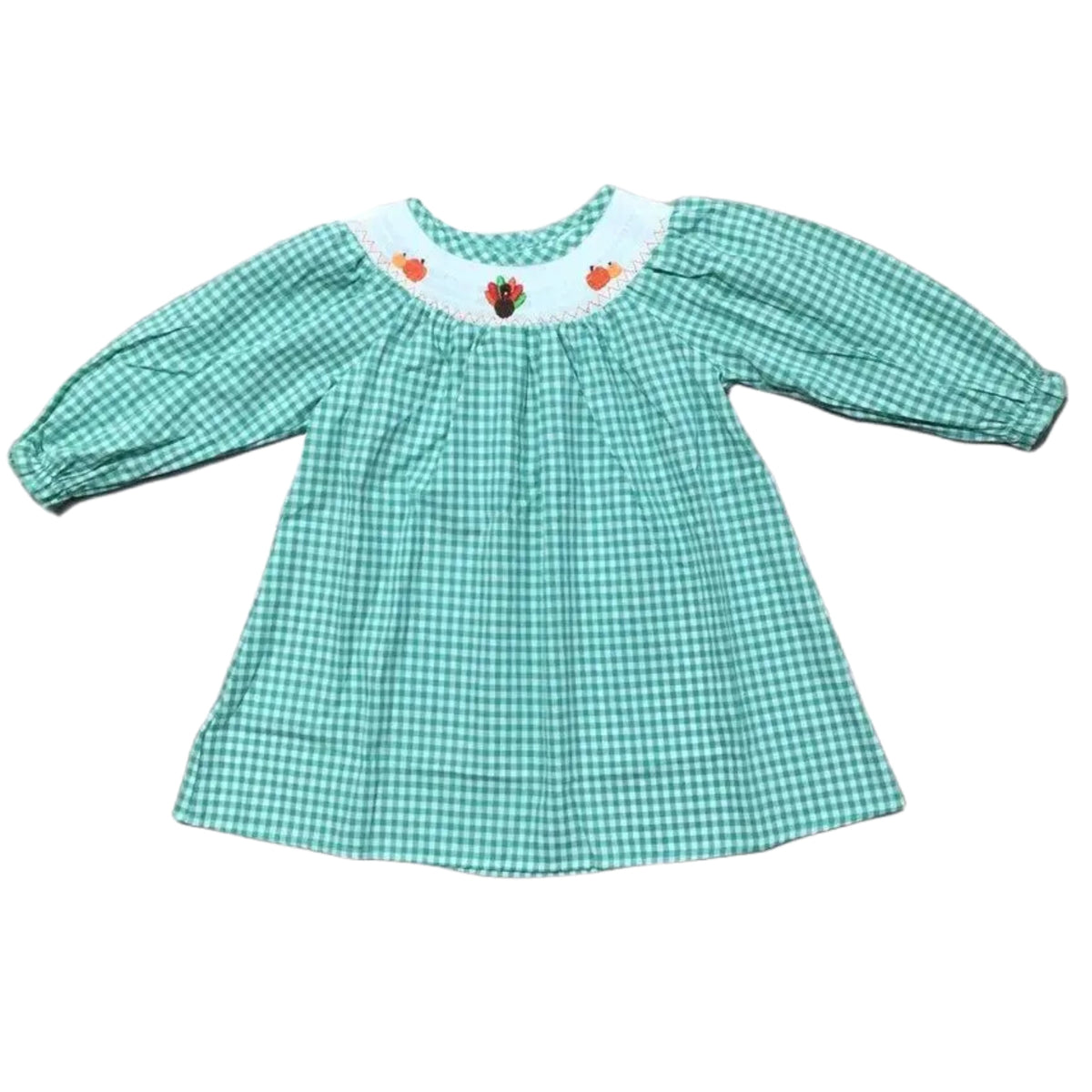 Smocked Turkey Pumpkin Green Dress