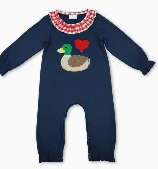 Navy Valentine's Ruffle Duck Romper