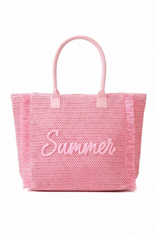 Woven Summer Embroidered Straw Fringe Tote Bag: Pink