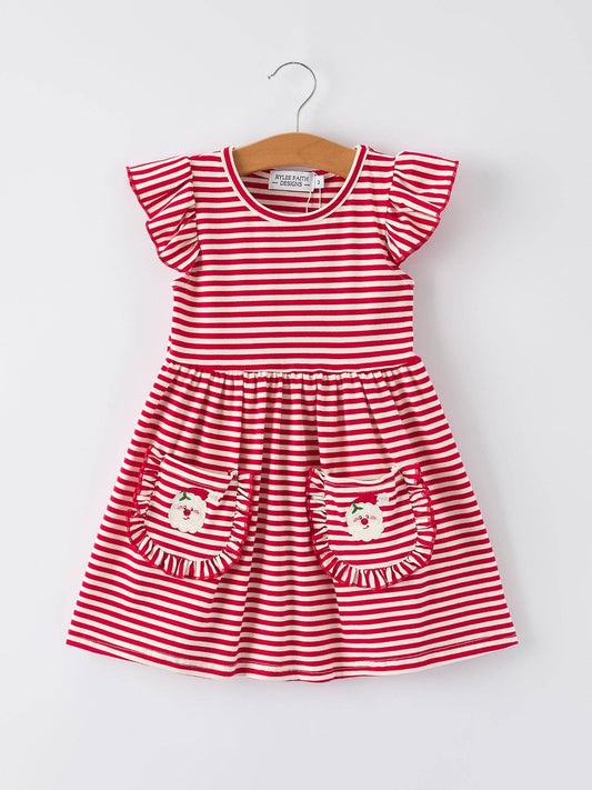 Christmas Red Stripe Dress with Santa  Applique Pockets