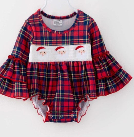 Christmas Plaid Santa Smocked Romper