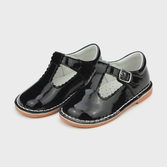 Selina Patent Scalloped T-Strap Mary Jane- Black