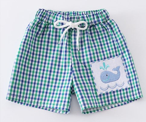 Gingham Whale Patch Trunks