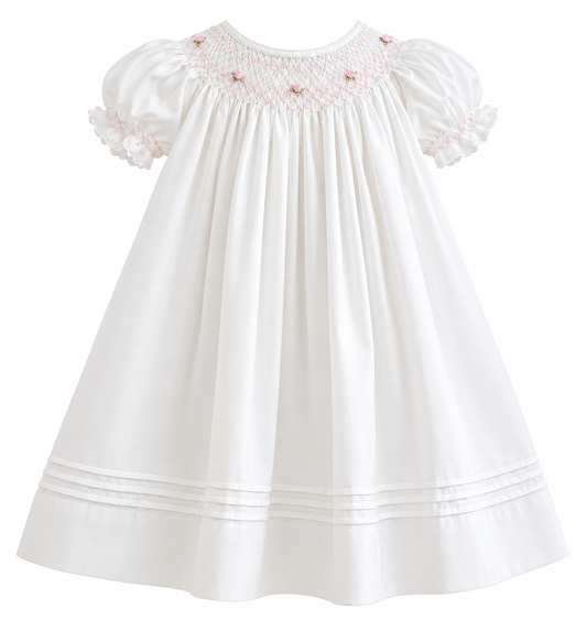 White Heirloom Rosebud Pearl Smocked Gown
