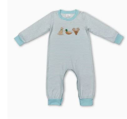 Light Blue Striped Dog Duck Buck Romper