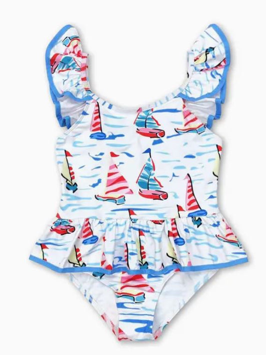 White Sailboat One Piece Swimsuit