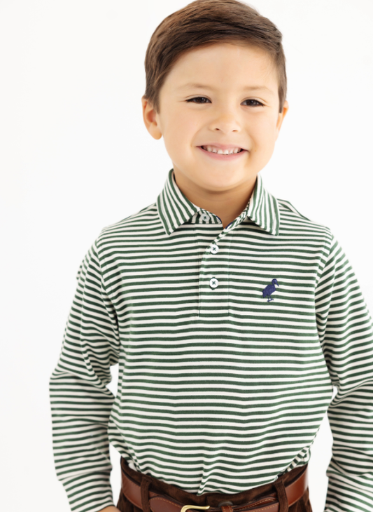Prim & Proper LS Polo- Grier Green Palmetto Pearl Stripe