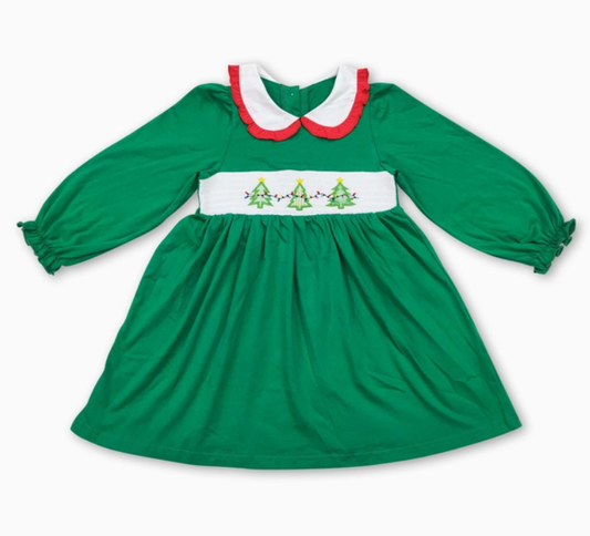 Green Smocked LS Christmas Tree Dress