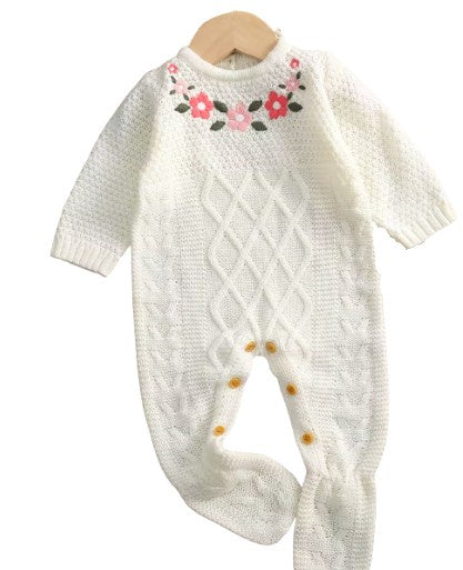 Cream Knit Floral Baby Footie