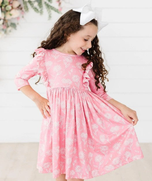 Dahlia Doodles 3/4 Sleeve Ruffle Twirl Dress