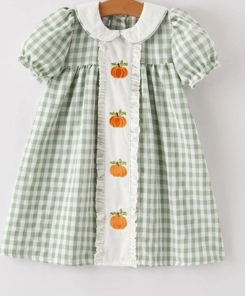 Sage Gingham Embroidered Pumpkin Dress